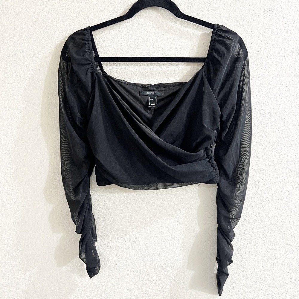 Forever 21 Black Mesh Ruched Long Sleeve Crop Top Small Women Y2K Goth Sheer